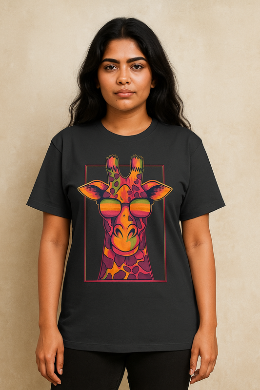 Stylish young Indian woman in her 20s wearing an oversized black T-shirt with a colorful giraffe graphic design, posing confidently outdoors for an e-commerce fashion photoshoot.