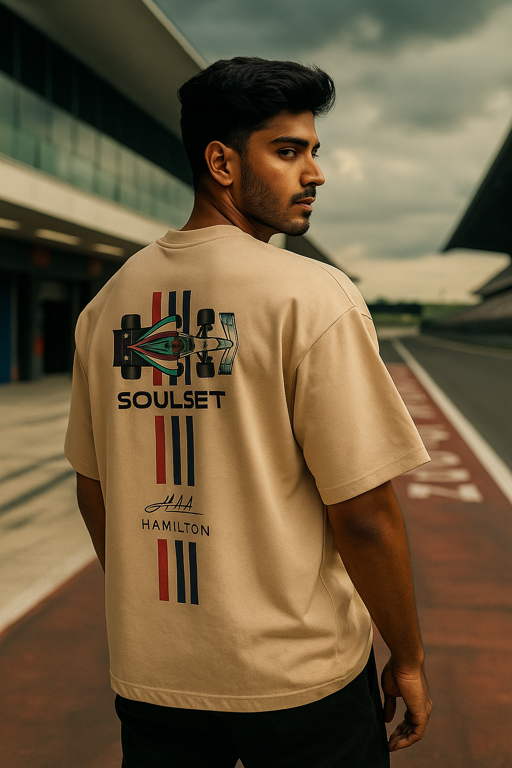Men wearing oversized beige F1-inspired SoulSet t-shirt with #44 graphic at a racetrack – stylish motorsport streetwear by SoulSet.Store