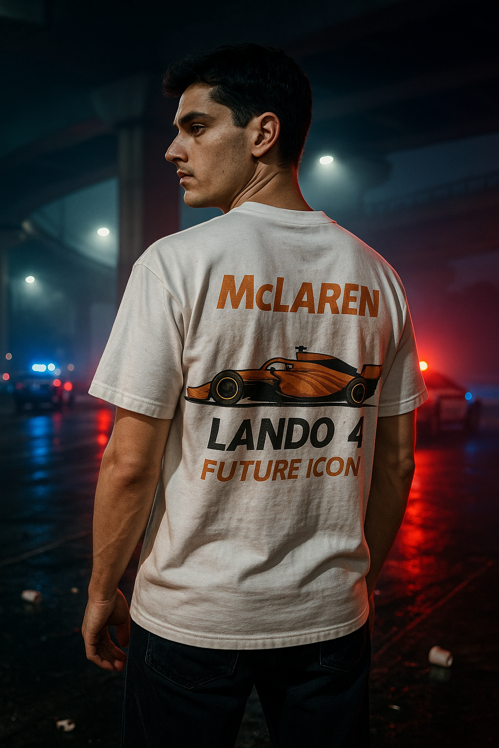 Person wearing a white t-shirt with McLaren branding and text in an urban setting at night.