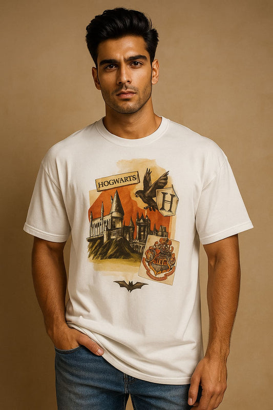 SoulSet white oversized graphic t-shirt with Hogwarts-inspired front print – unisex streetwear tee with castle, owl, and Hogwarts crest design – premium cotton, trendy relaxed fit