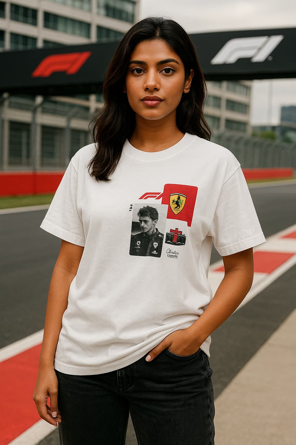 Man wearing a white t-shirt with red and black graphics at a race track.
