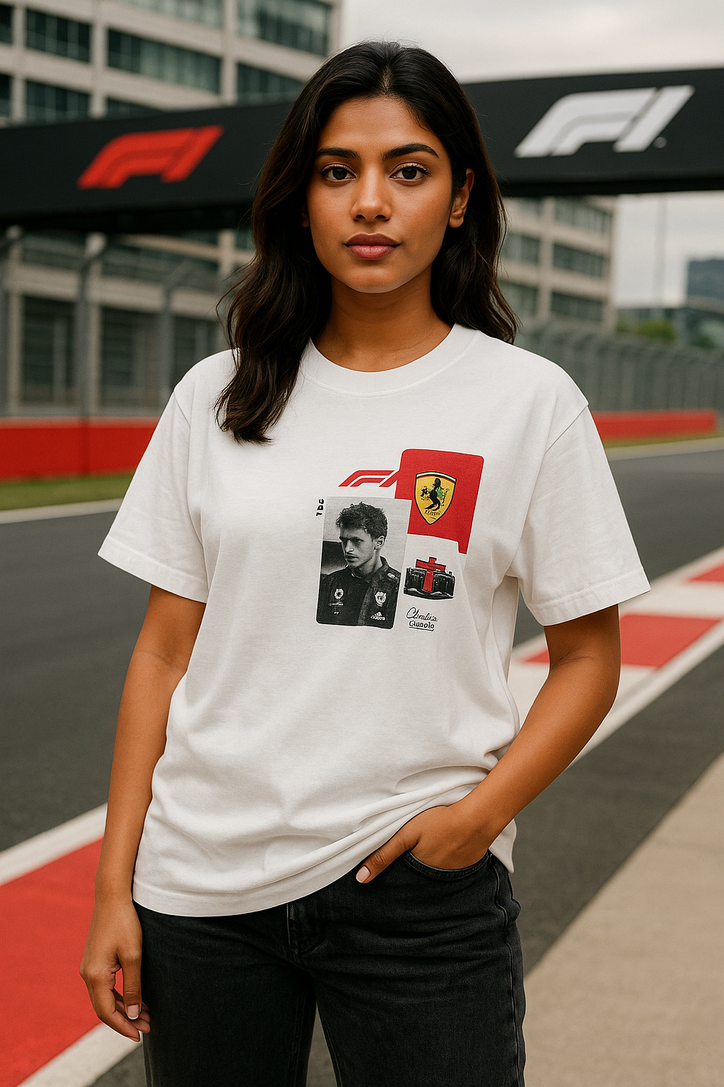 Person wearing a white t-shirt with a graphic design on a race track background