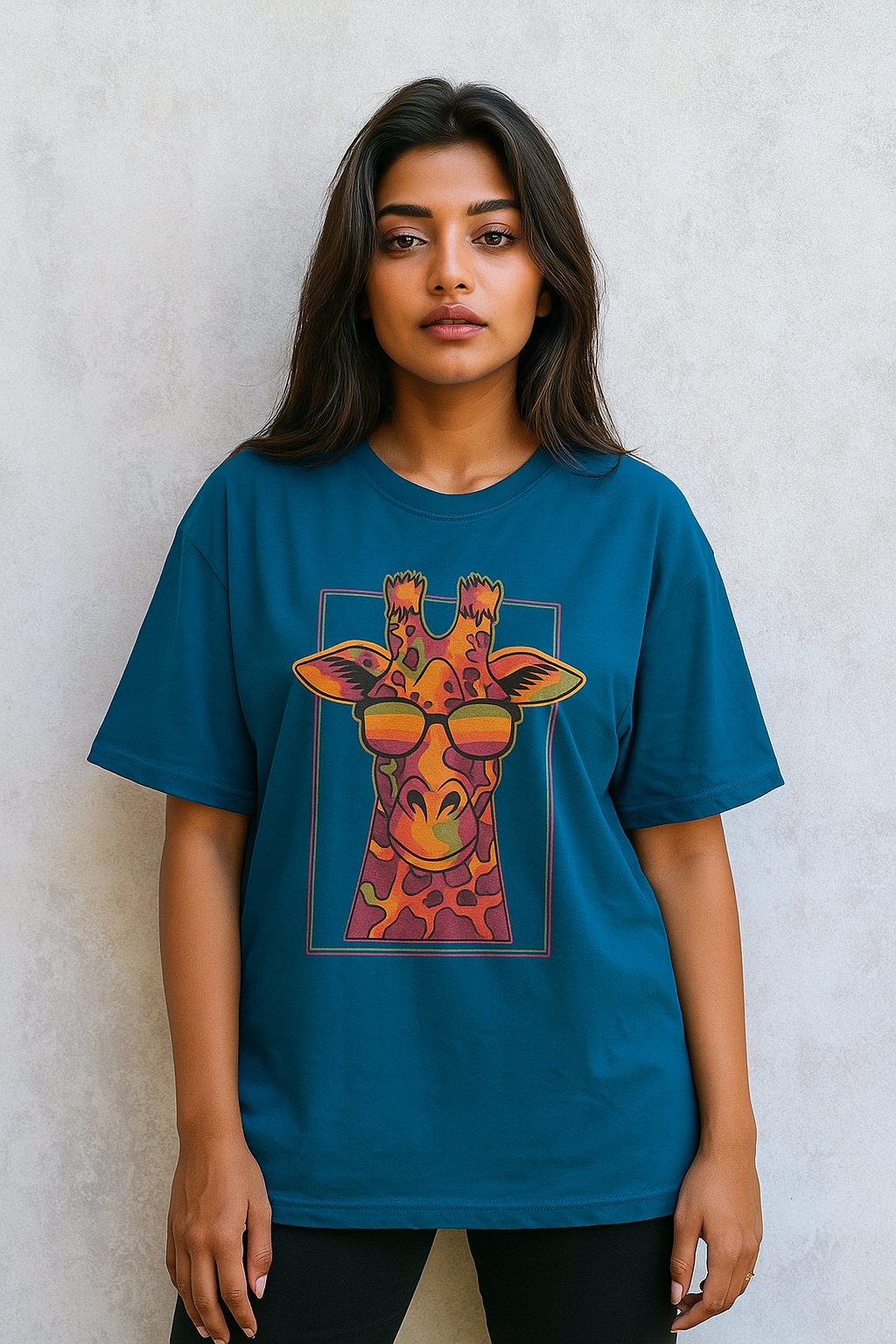 Stylish young Indian woman in her 20s wearing an oversized blue T-shirt with a colorful giraffe graphic design, posing confidently outdoors for an e-commerce fashion photoshoot.