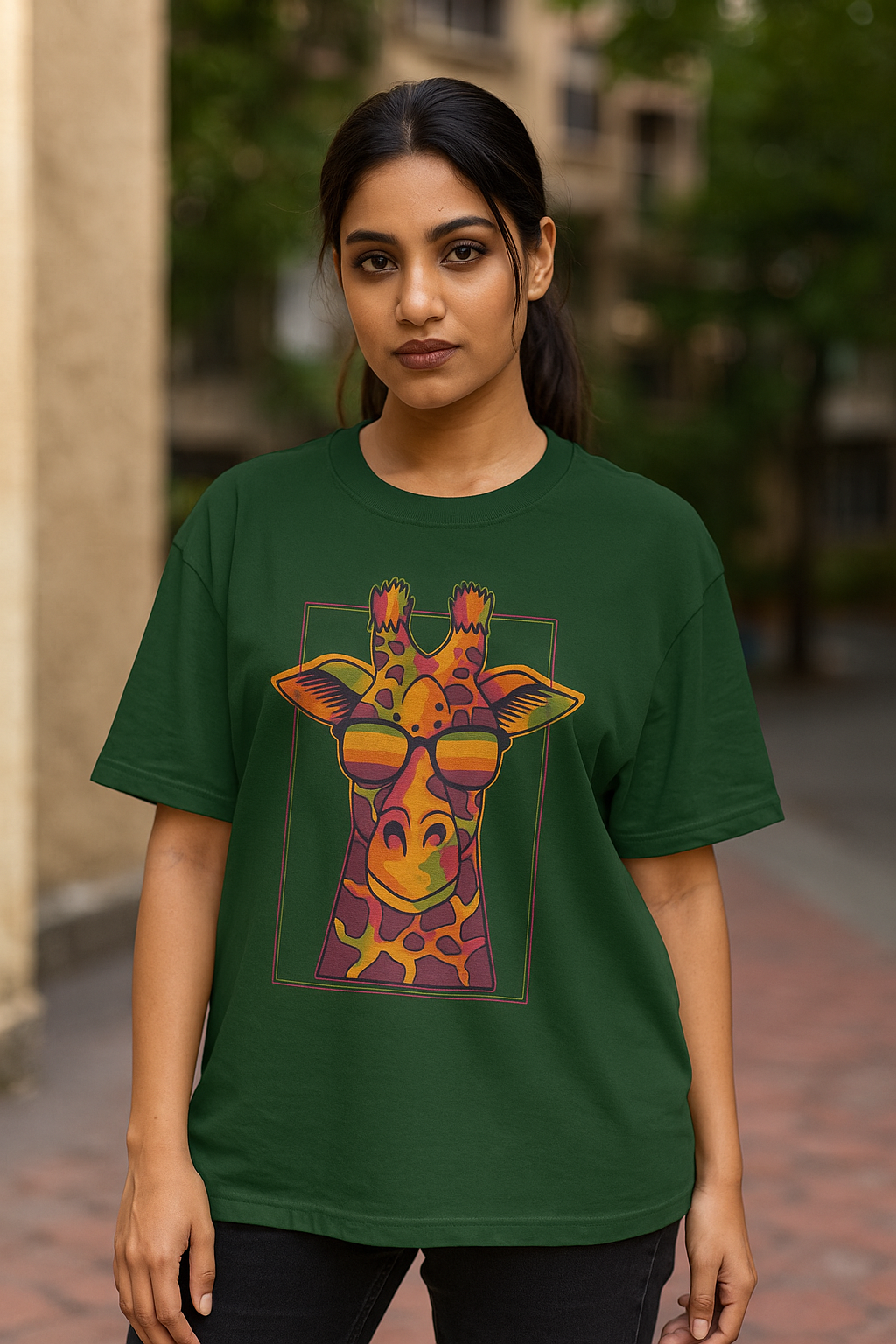 Stylish young Indian woman in her 20s wearing an oversized green T-shirt with a colorful giraffe graphic design, posing confidently outdoors for an e-commerce fashion photoshoot.