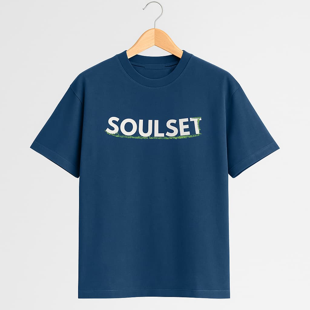 Navy blue t-shirt with 'SOULSET' text on a hanger against a light gray background