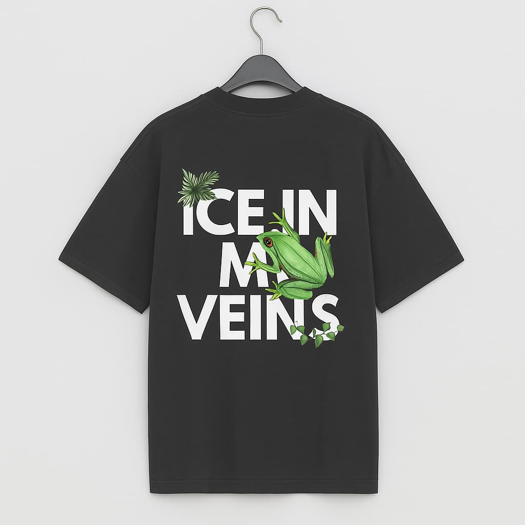 Black t-shirt with a green frog graphic and text 'ICE IN MY VEINS' on a hanger against a white background