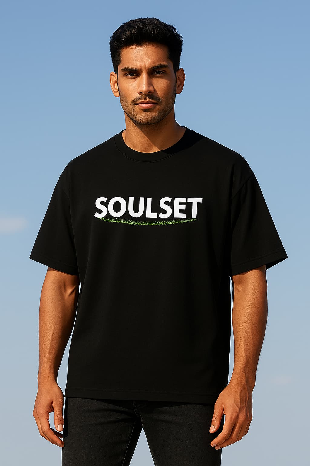 Man wearing a black t-shirt with 'SOUSET' printed on it against a clear blue sky.