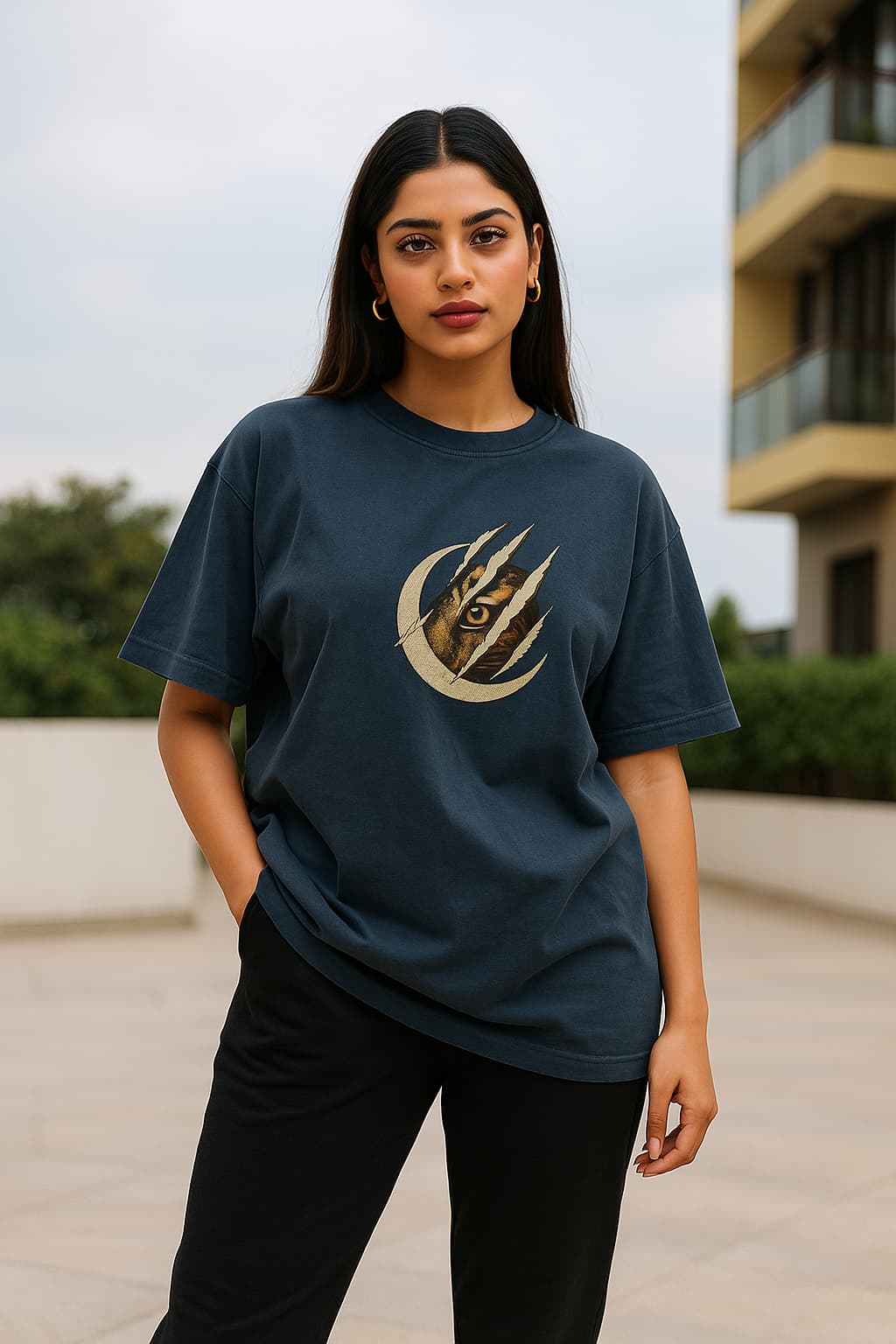 Woman wearing a dark blue t-shirt with a graphic design outdoors.