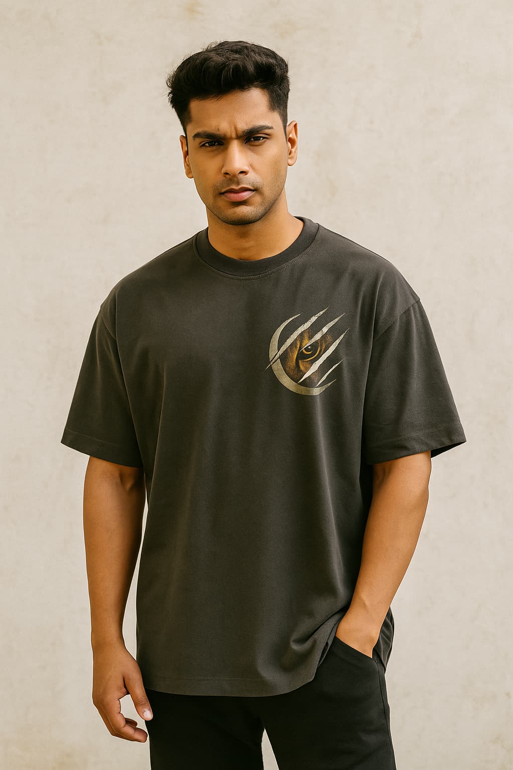 Man wearing a dark green t-shirt with a logo on a beige background