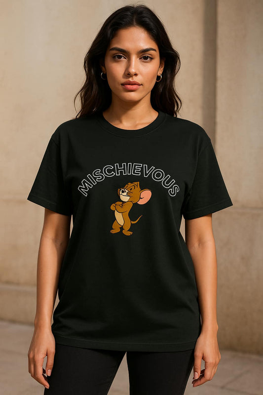 Person wearing a black t-shirt with a cartoon character and the word 'Mischievous'.