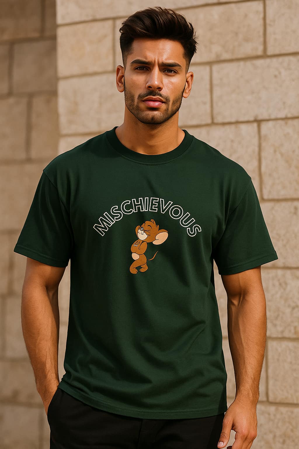 Man wearing a green t-shirt with a graphic and text, standing against a stone wall.