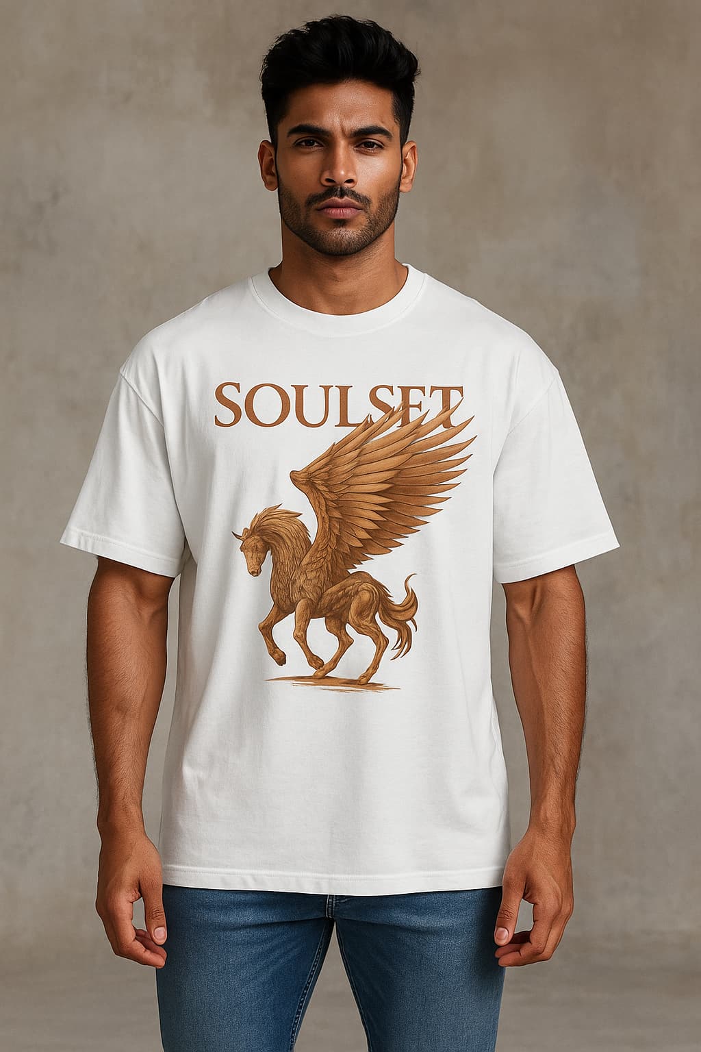 Man wearing a white t-shirt with a graphic design and text on a plain background