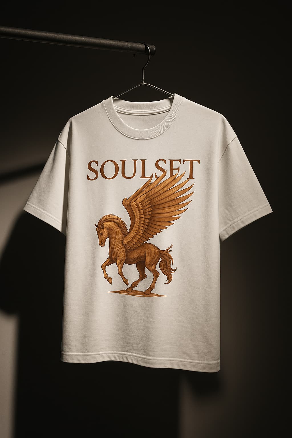White t-shirt with a brown pegasus graphic and 'Soulset' text on a dark background