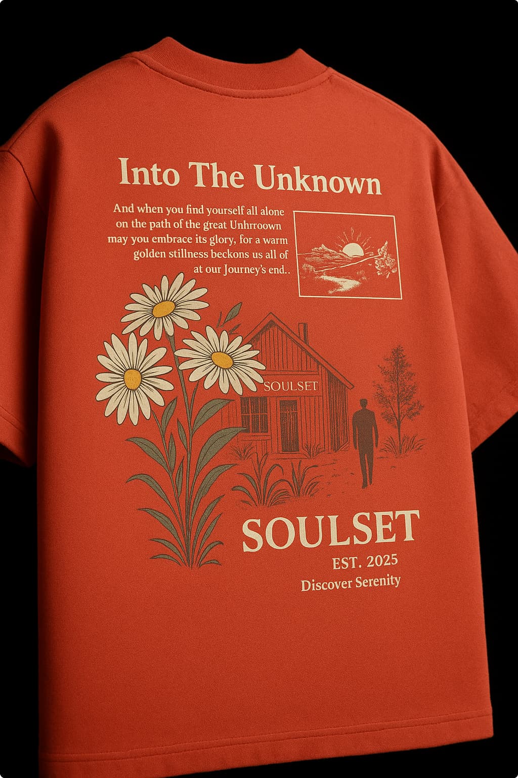 Red t-shirt with nature-themed design and text on a black background