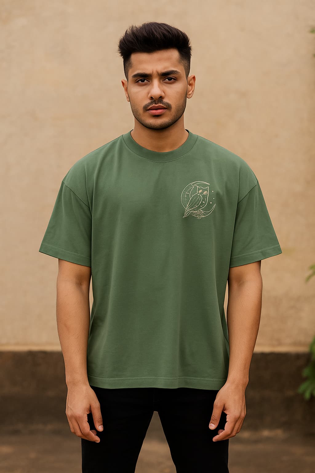 Man wearing a green t-shirt with a logo against a beige wall