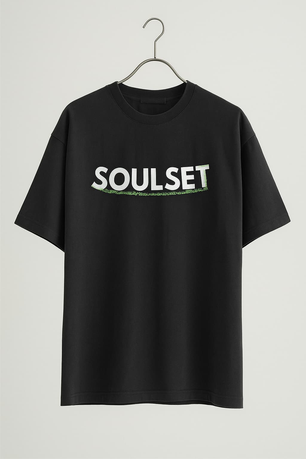 Black t-shirt with 'SOUSET' printed on a hanger against a white background