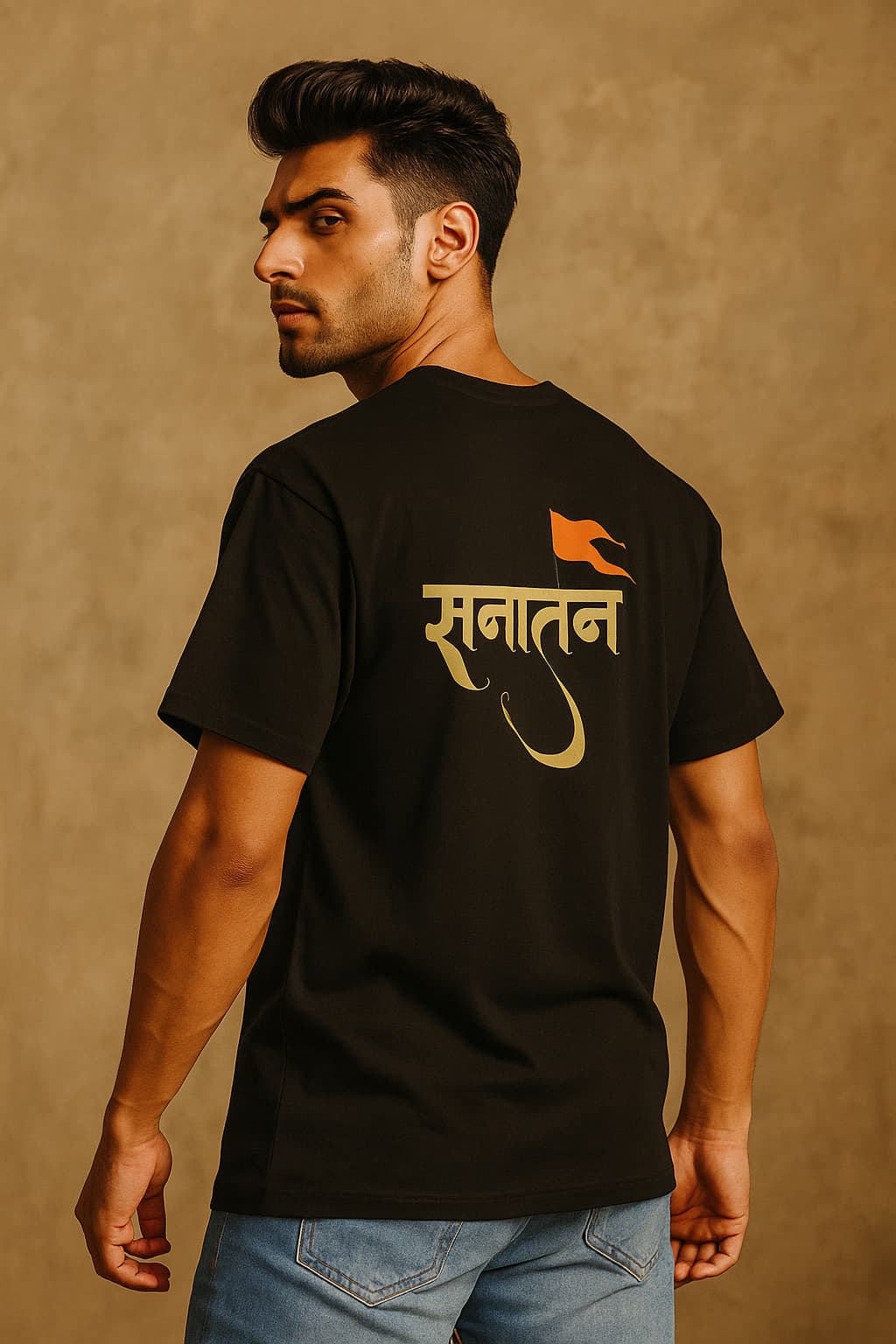Man wearing a black t-shirt with text and a flag design on the back against a beige background