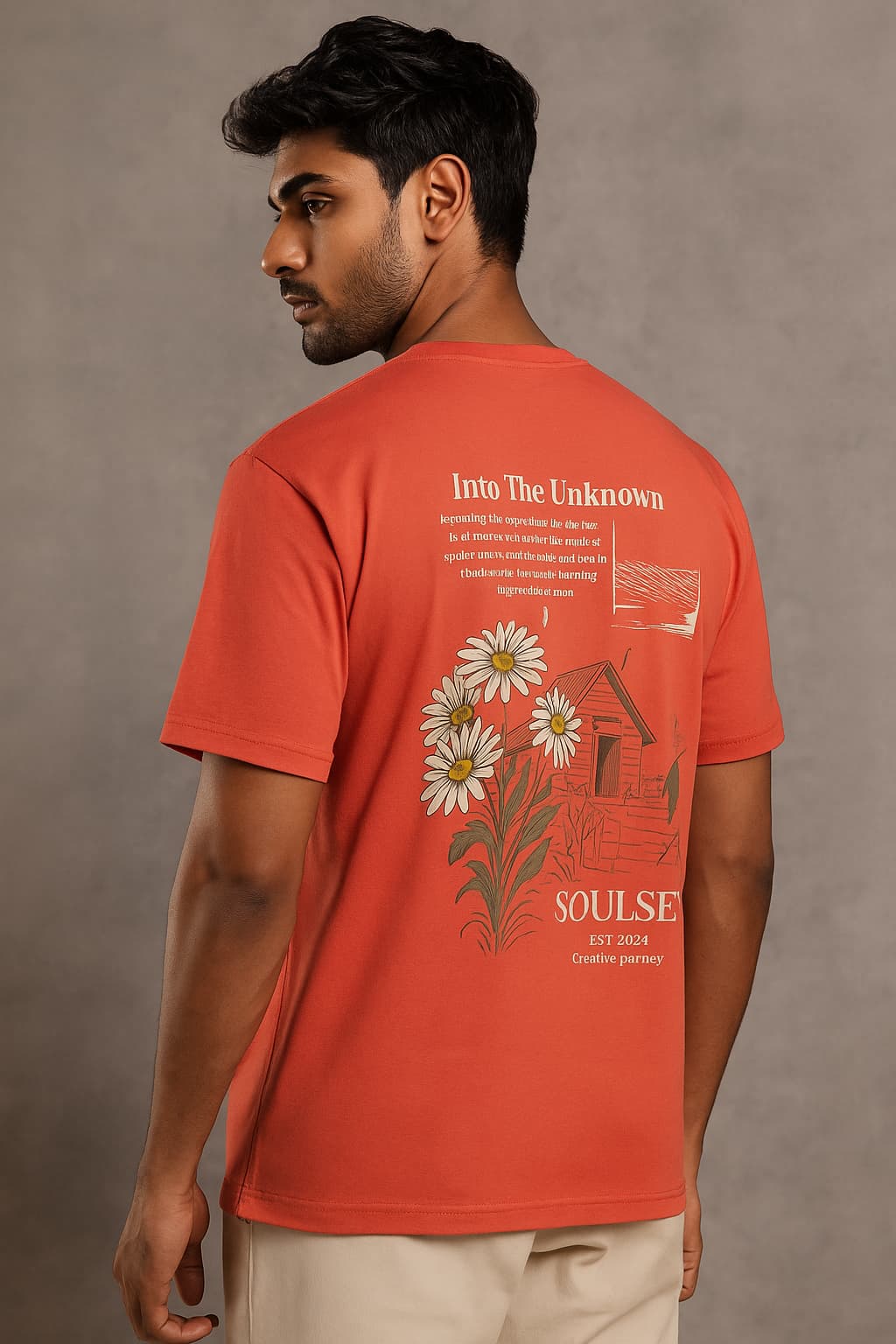Person wearing an orange t-shirt with floral design and text on the back against a brown background