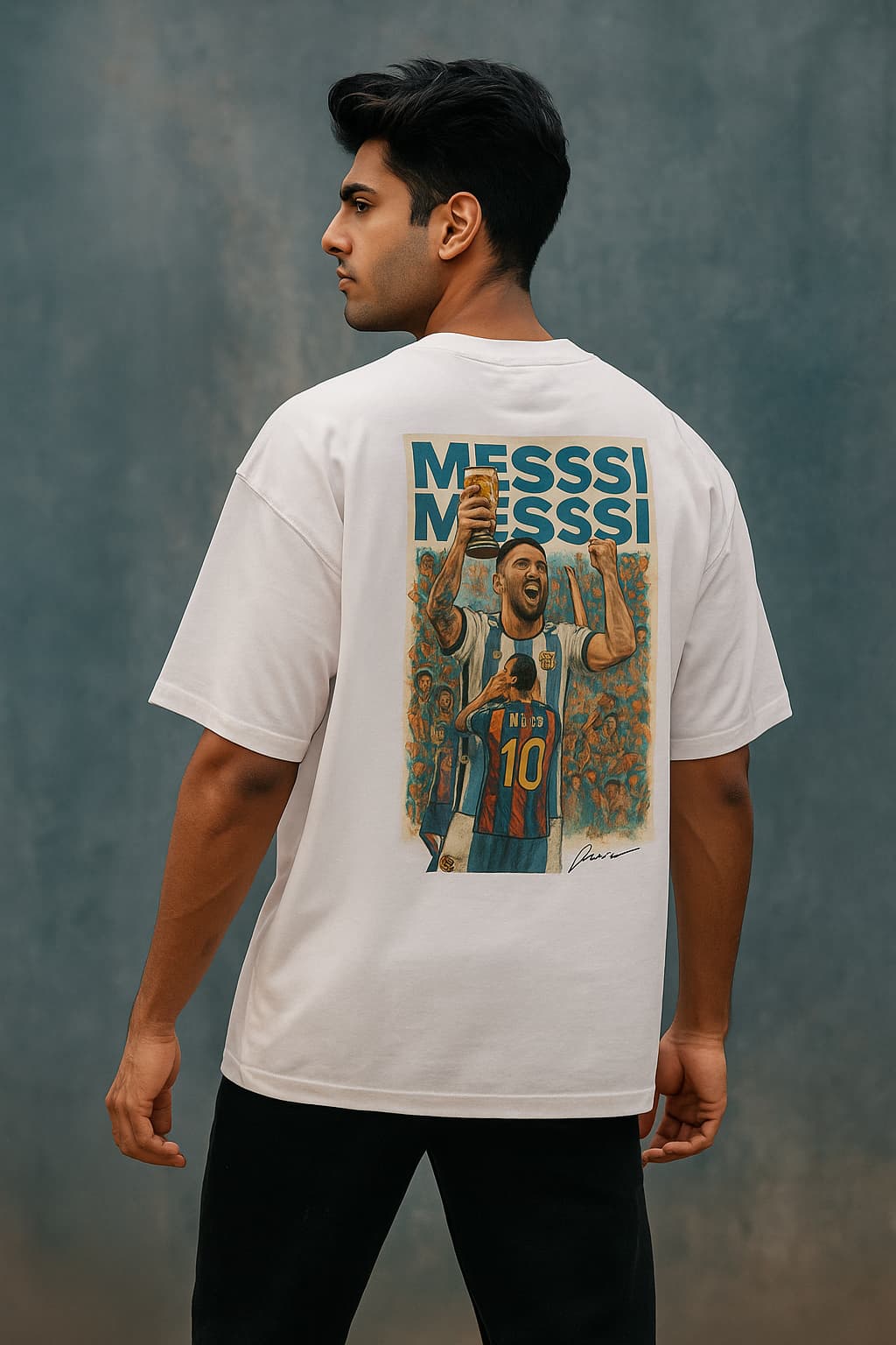 Person wearing a white t-shirt with Messi graphic on the back against a gray background