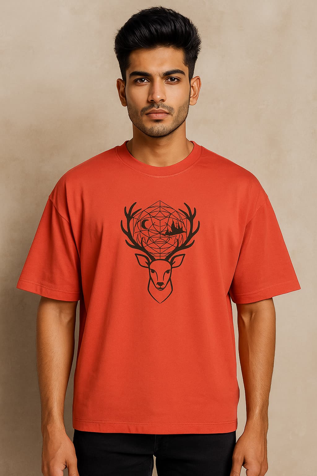 Man wearing a red t-shirt with a black deer graphic on a beige background