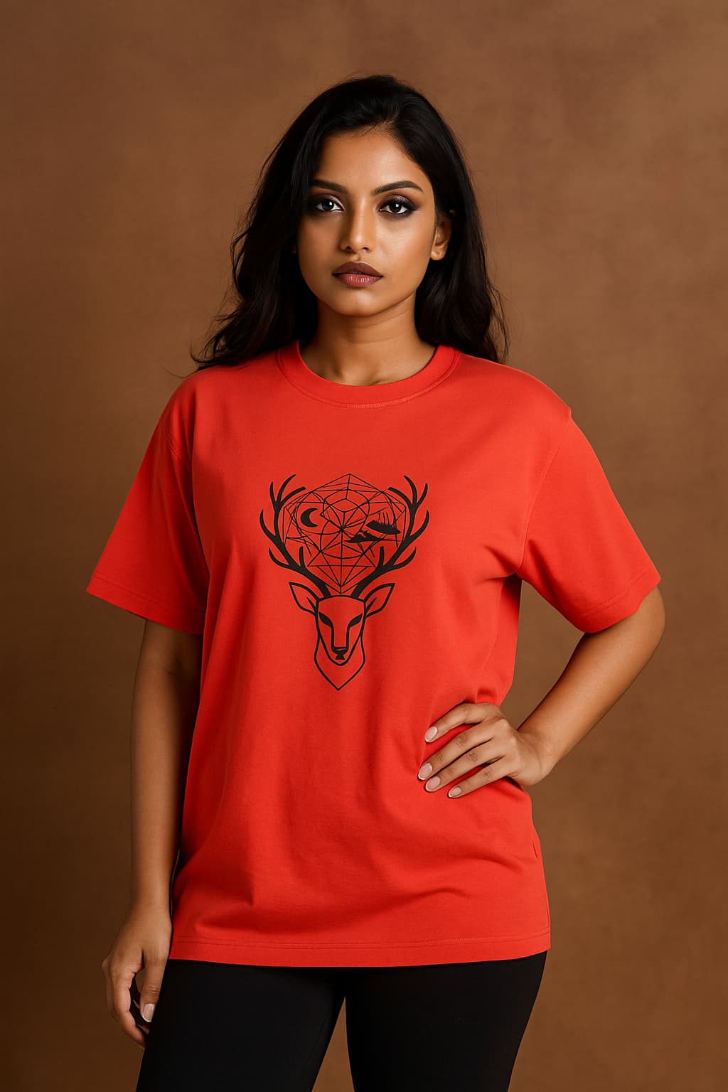 Woman wearing a red t-shirt with a black deer design on a brown background