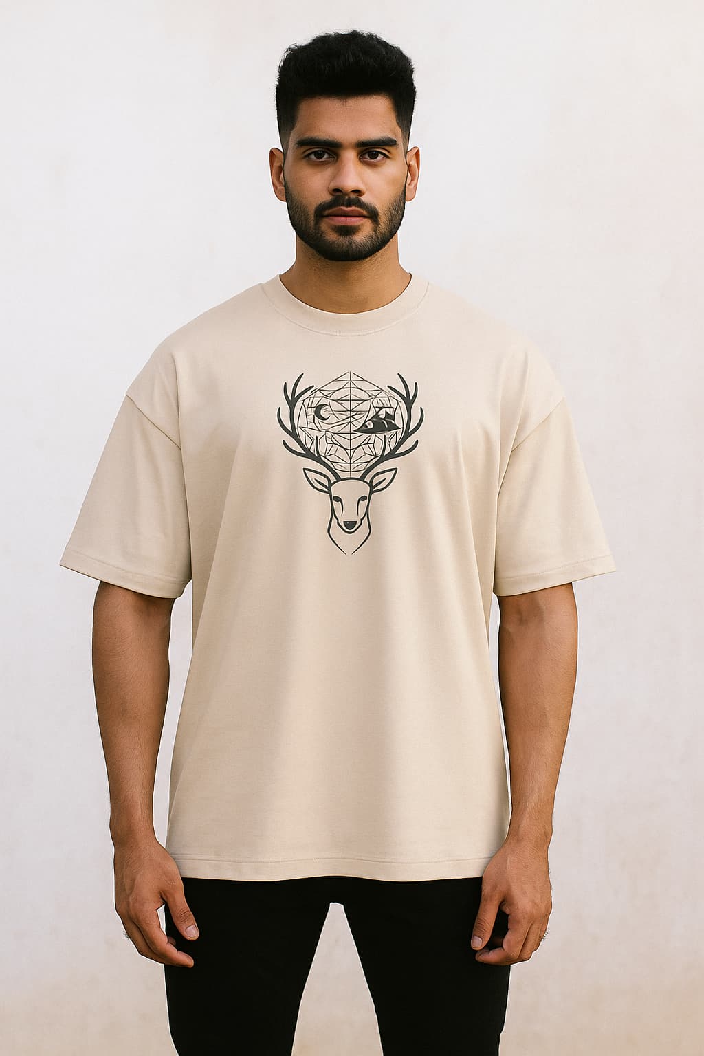 Man wearing a beige t-shirt with a black deer graphic design on a white background