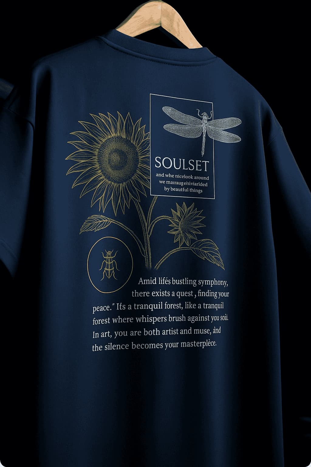 Navy blue sweatshirt with nature-themed design and 'Soulset' branding on a dark background