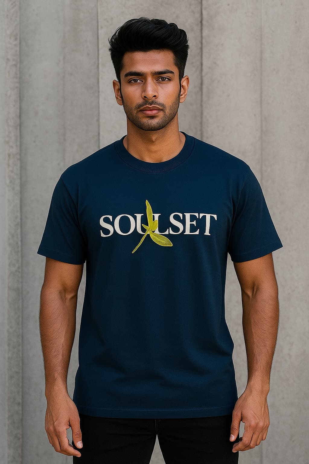Man wearing a navy blue t-shirt with 'SOUSET' logo against a gray background