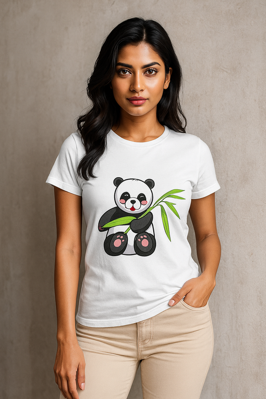 Happy Panda women’s t-shirt – cotton graphic tee with cute panda and bamboo design
