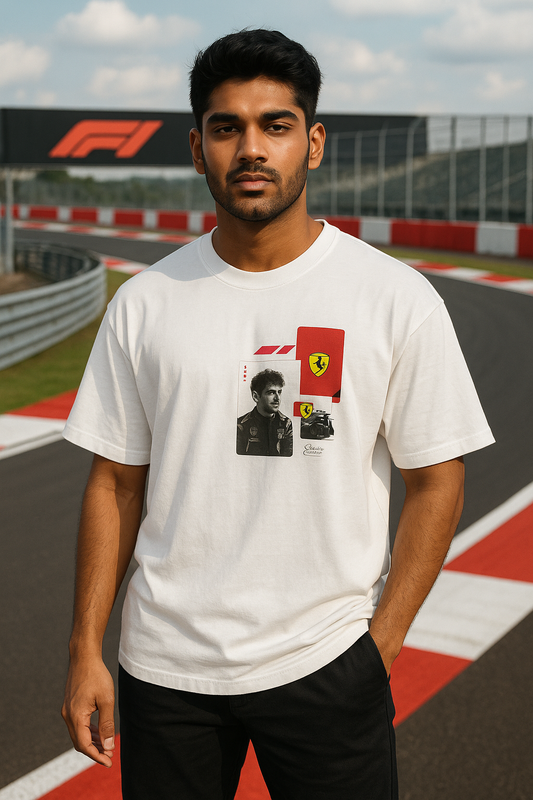 Person wearing a white t-shirt with Ferrari logo on a race track