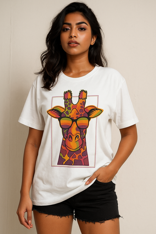 Stylish young Indian woman in her 20s wearing an oversized white T-shirt with a colorful giraffe graphic design, posing confidently outdoors for an e-commerce fashion photoshoot.