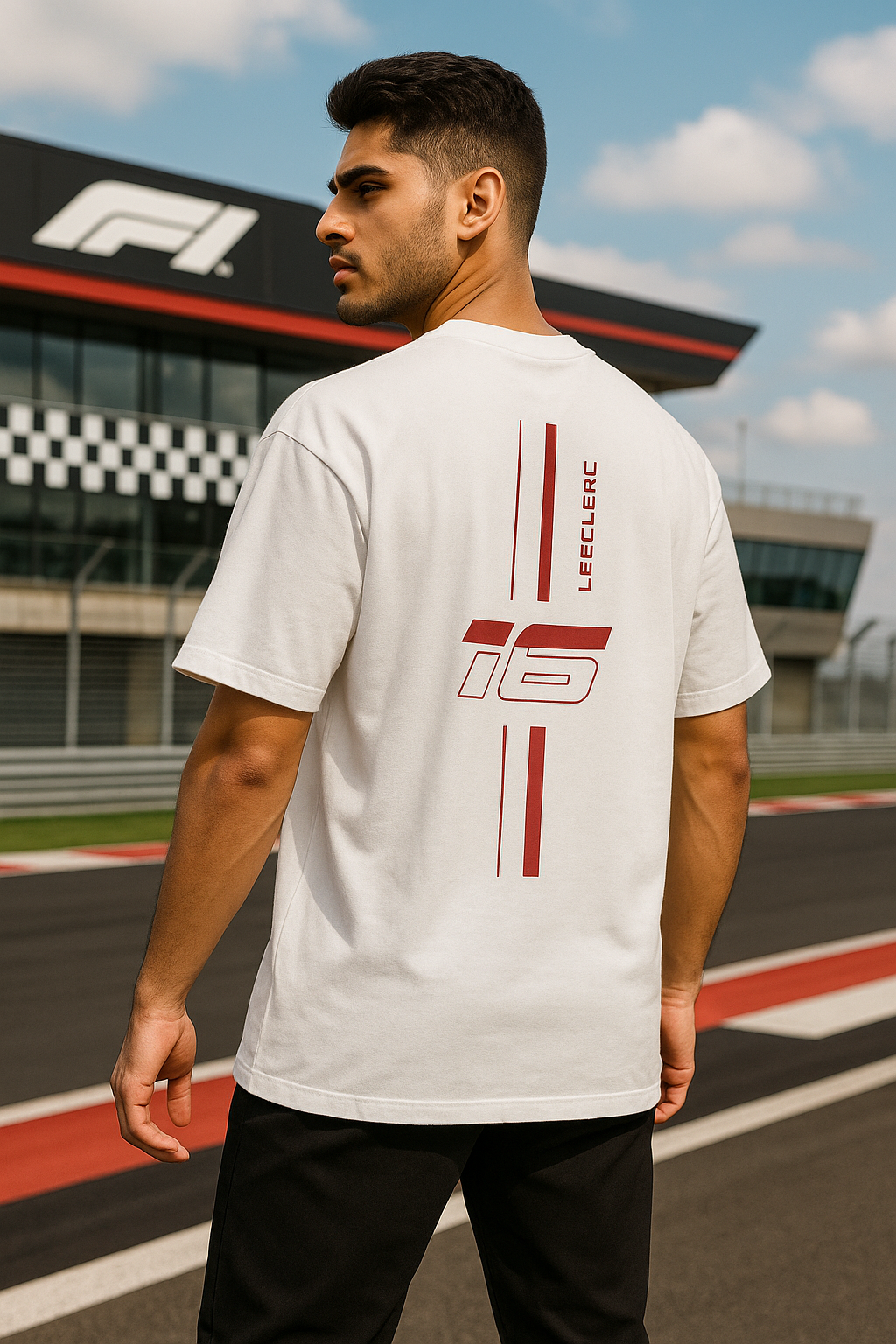 Man wearing a white t-shirt with red and black graphics at a race track.
