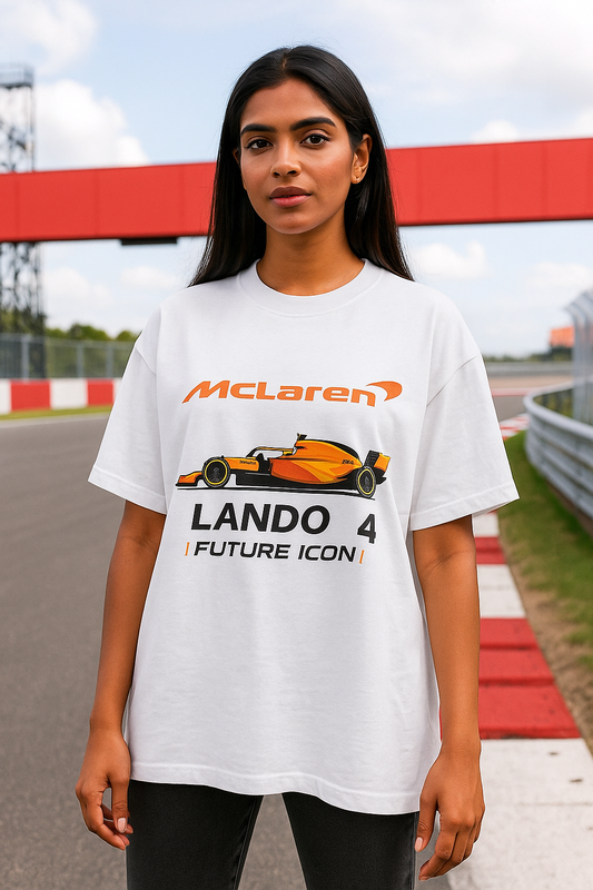 Person wearing a white t-shirt with a race car graphic and text on a track background