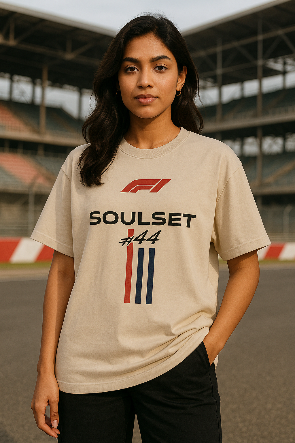 Woman wearing oversized beige F1-inspired SoulSet t-shirt with #44 graphic at a racetrack – stylish motorsport streetwear by SoulSet.Store
