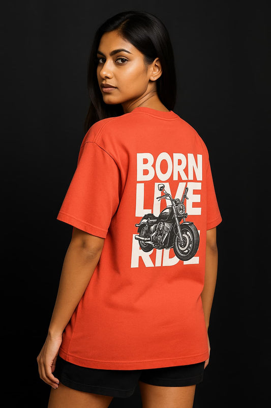 Person wearing a red t-shirt with a motorcycle graphic and text on a black background