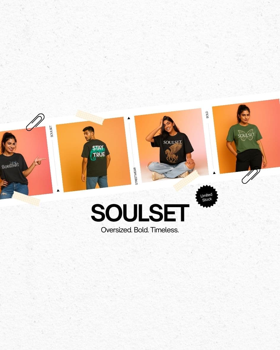 Promotional graphic for SOULSET with people wearing t-shirts and the brand name displayed.