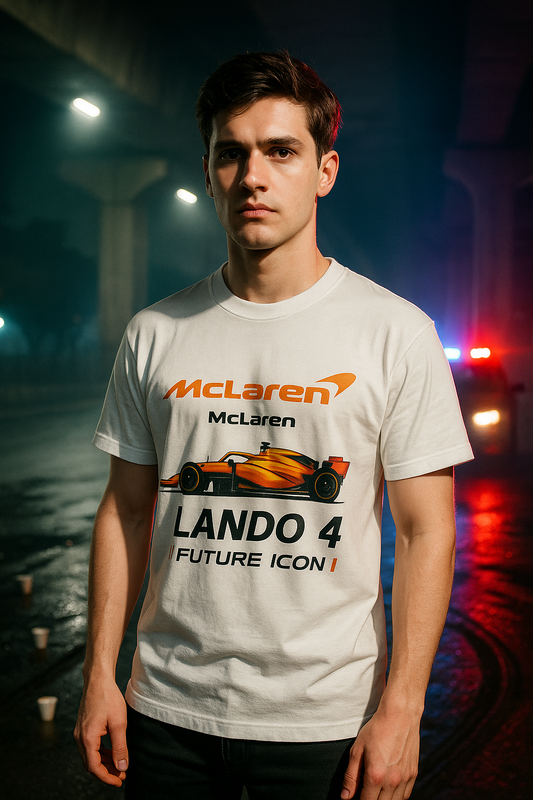 Person wearing a McLaren t-shirt with a car design and text on a dark background