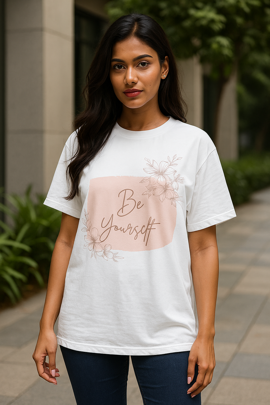 nfident young Indian woman in her 20s wearing a white oversized T-shirt with ‘Be Yourself’ text and floral design, posing outdoors in a modern urban background for an e-commerce fashion photoshoot