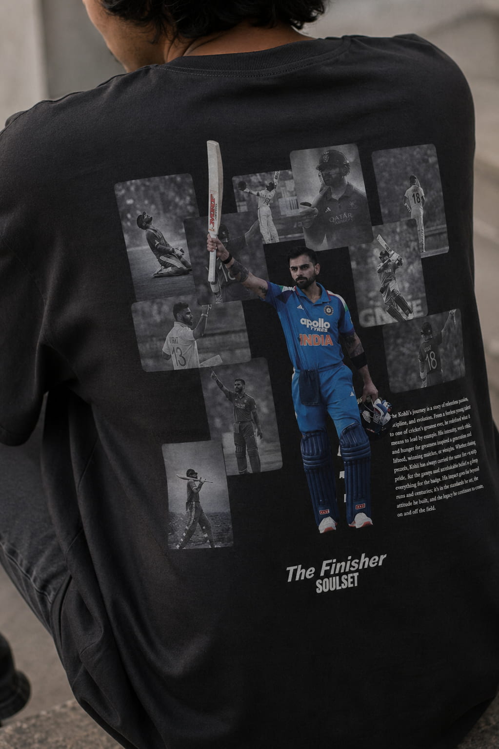 Black t-shirt with cricket-themed collage on the back, featuring a player in blue gear.