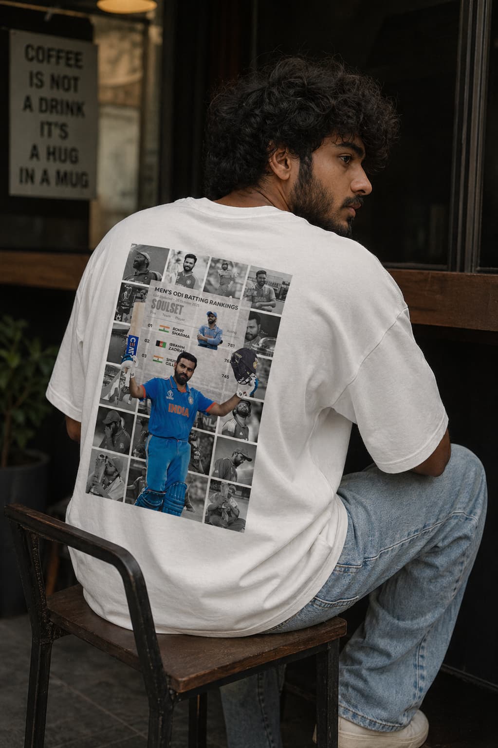Person wearing a white t-shirt with a graphic design sitting outdoors.