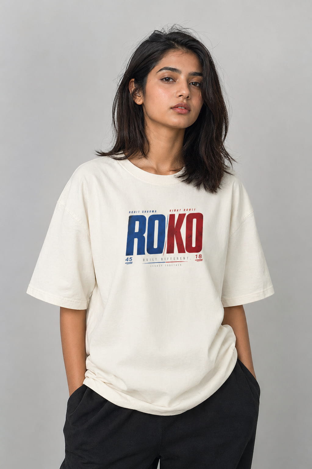 Person wearing a white t-shirt with 'ROKO' print on a gray background