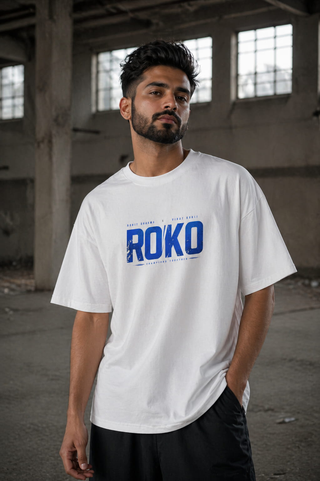 Man wearing a white t-shirt with 'ROKO' printed on it in an industrial setting