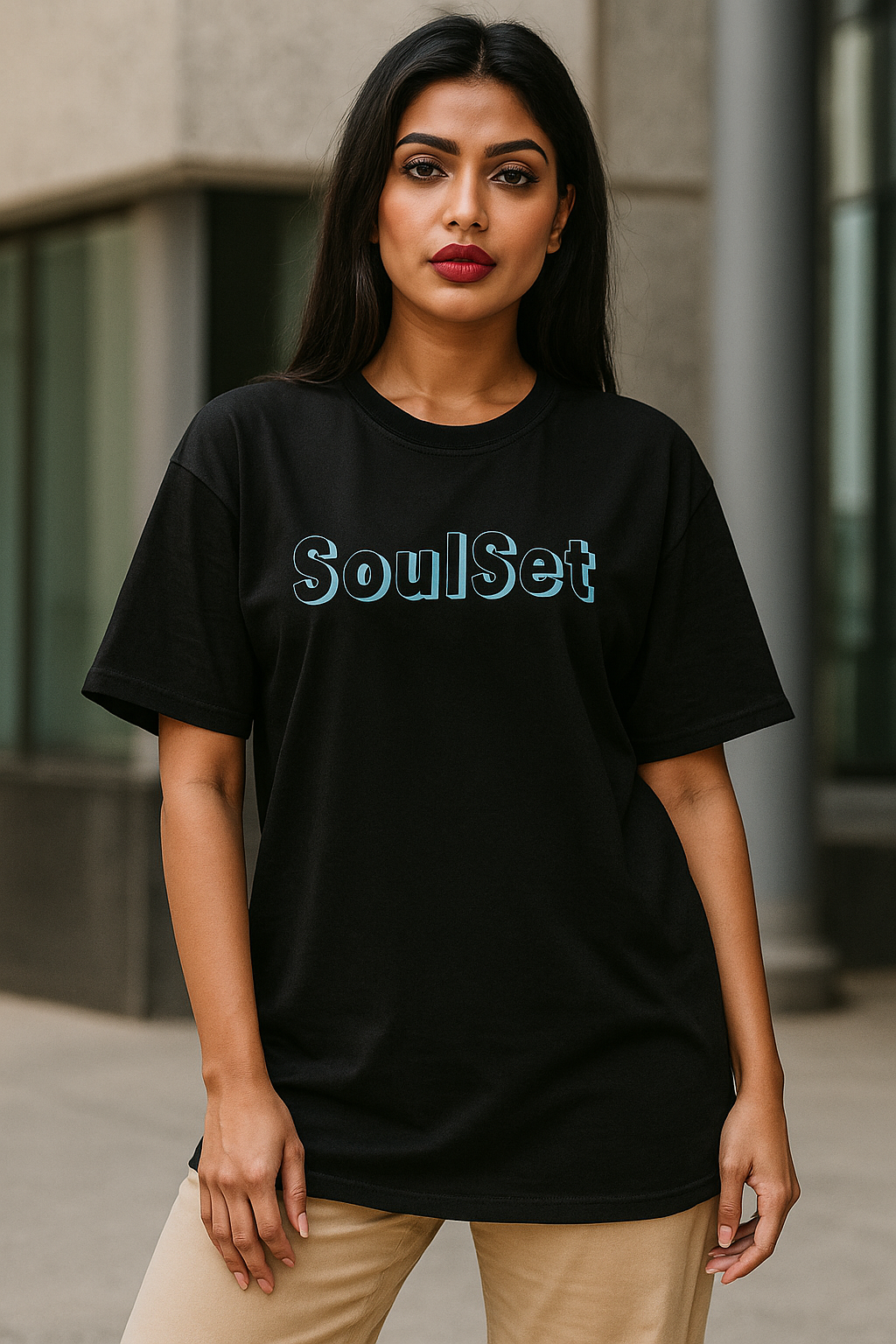 Woman wearing a black t-shirt with 'SoulSet' text standing outdoors.