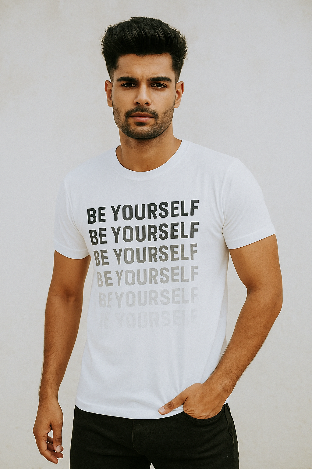Man wearing a white t-shirt with 'BE YOURSELF' text on a plain background