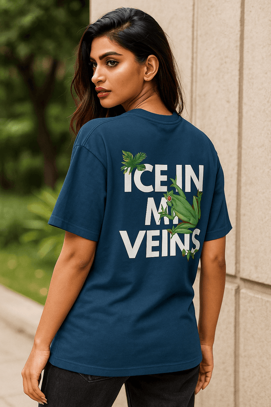 "Stylish Indian female hot bold model wearing navy blue oversized t-shirt with bold back design ‘ICE IN MY VEINS’ and green frog graphic, modern streetwear fashion, SoulSet.Store exclusive."