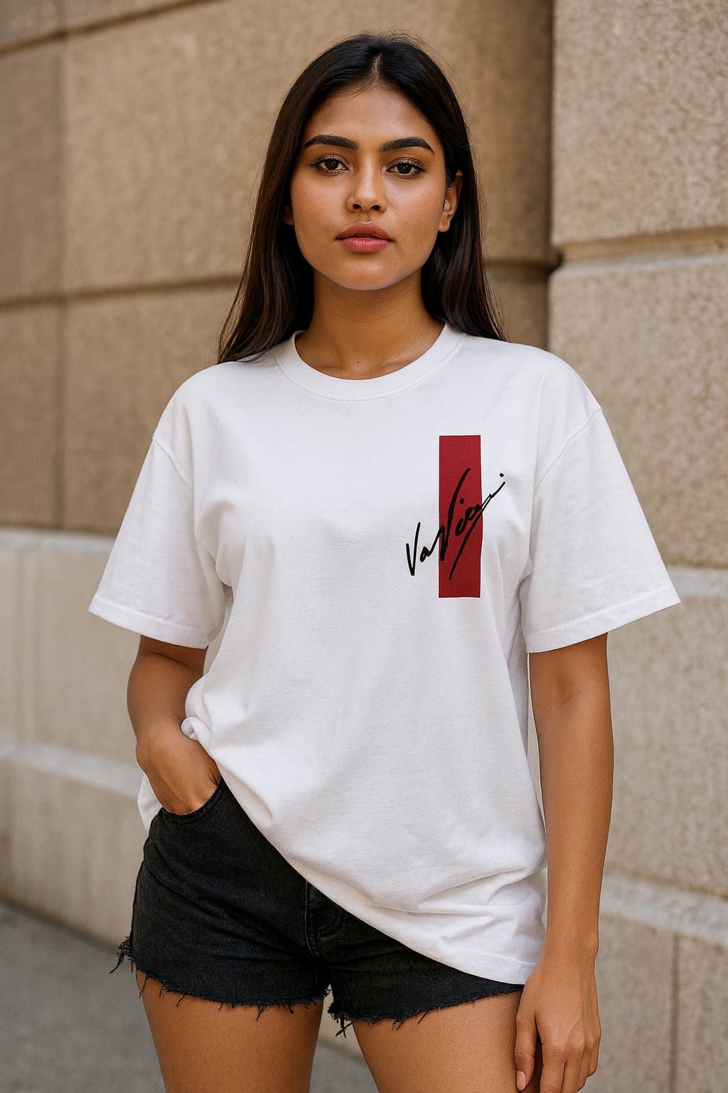 Woman wearing a white t-shirt with a red and black logo against a stone wall.