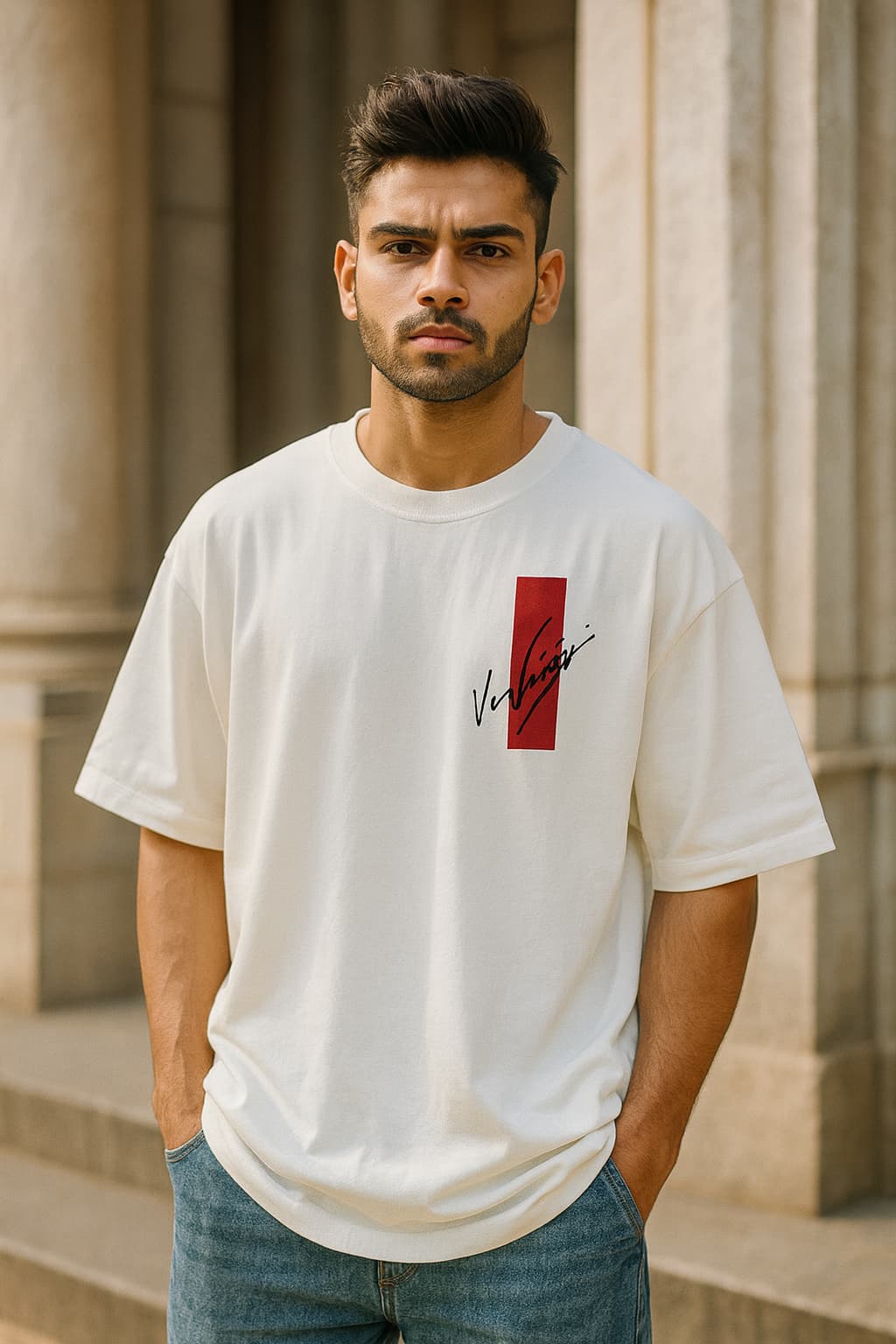 Man wearing a white t-shirt with a red and black logo in front of classical architecture.