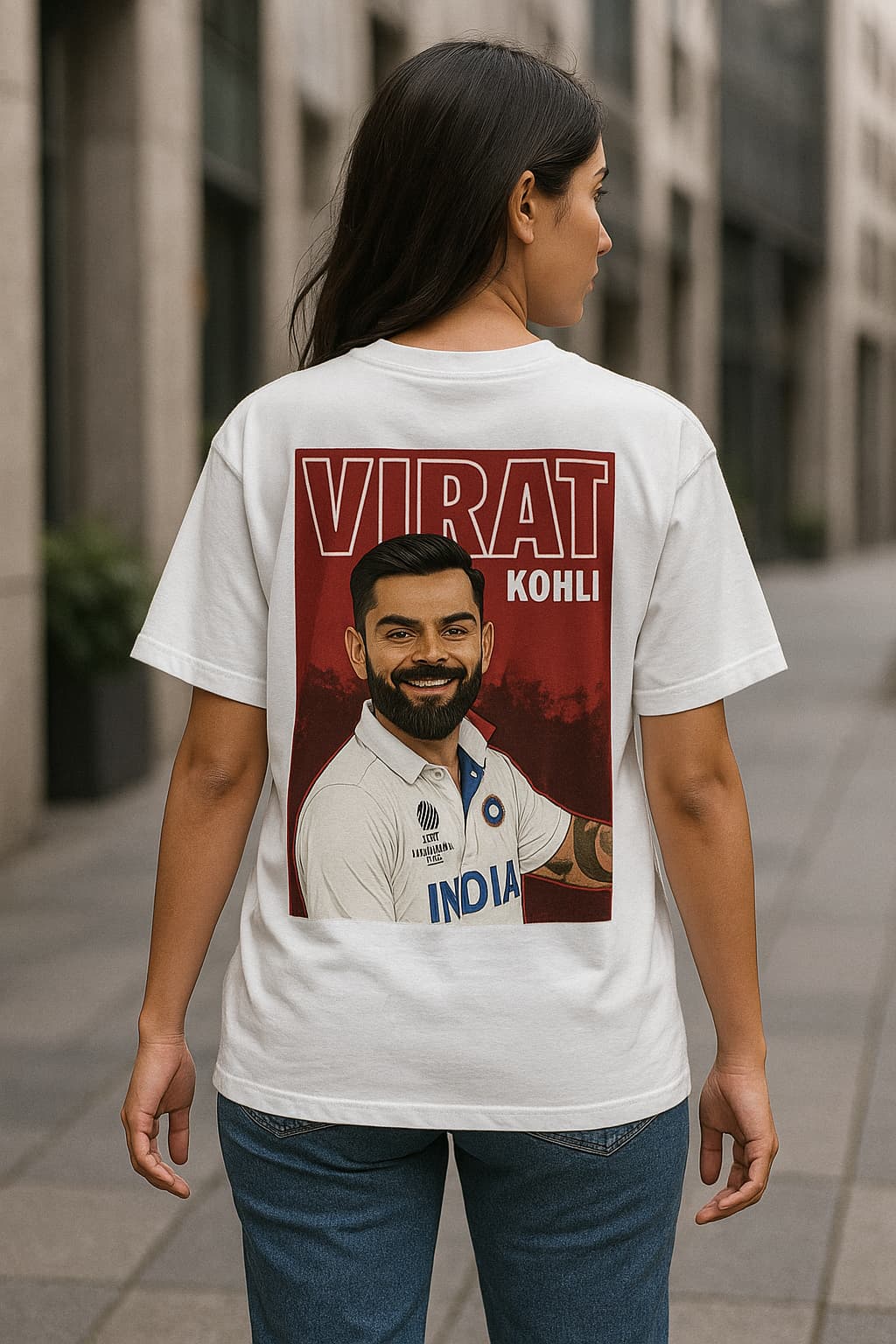 Person wearing a white t-shirt with Virat Kohli's image and name on the back.