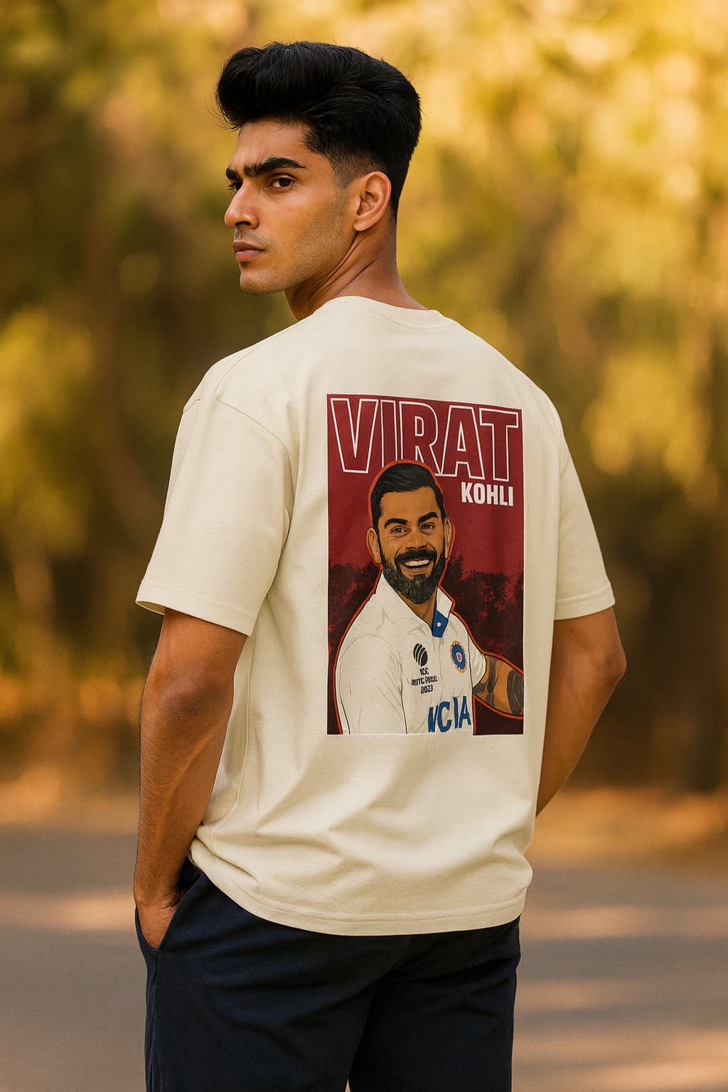 Man wearing a t-shirt with a printed design of a sports player outdoors