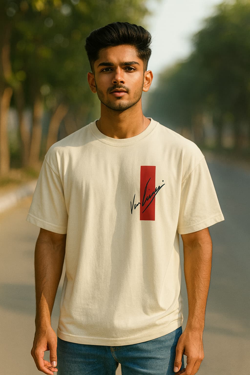 Man wearing a cream t-shirt with a red and black logo on a blurred outdoor background